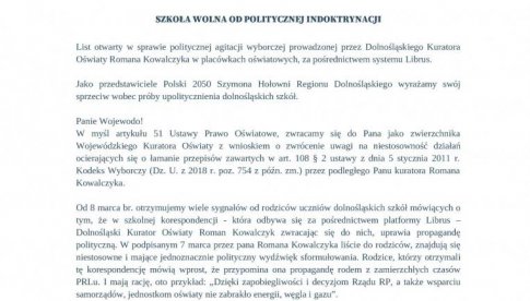Polska 2050 Szymona Hołowni - list otwarty do Wojewody Dolnośląskiego