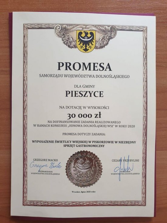30 000 złotych na wyposażenie Świetlicy Wiejskiej w Piskorzowie