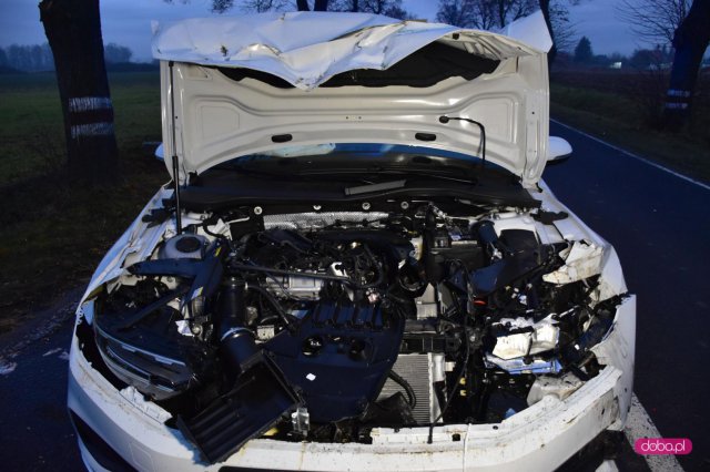 Volkswagen zderzył się z przyczepą od traktora w Nowiźnie