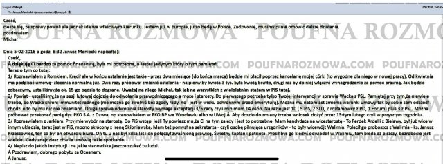 Maniecki do Dworczyka: Zrobiłem listę naszych osób do wykorzystania do spółek czy agecni. Zbieram cv.