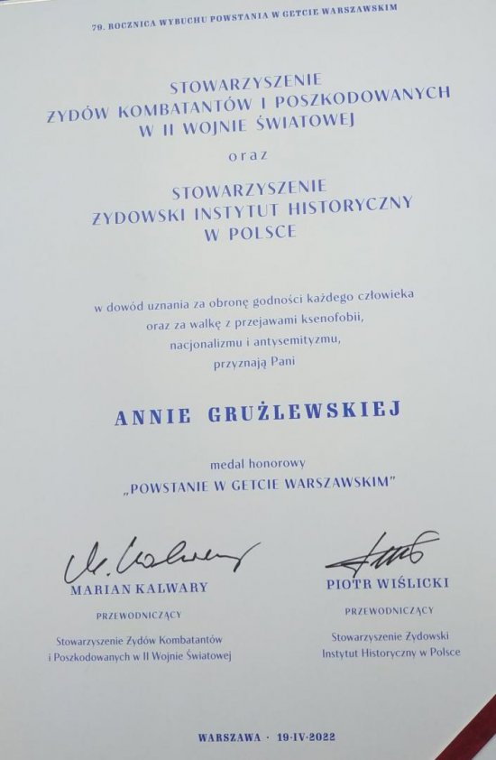 Anna Grużlewska odznaczona medalem honorowym Powstanie w Getcie Warszawskim