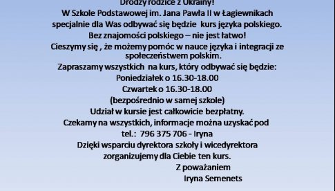 Łagiewniki: kurs języka polskiego dla rodziców z Ukrainy