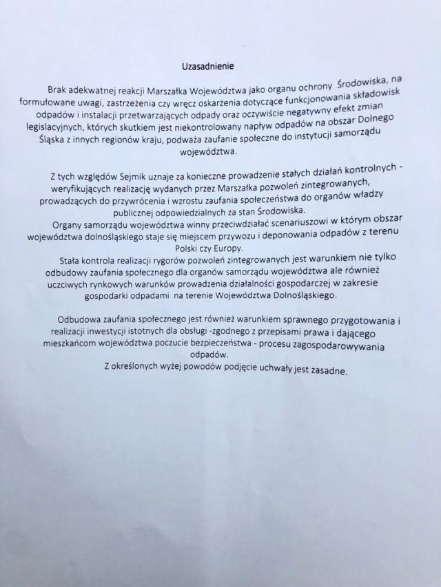 Uchwała w sprawie kontroli składowisk odpadów oraz instalacji przetwarzających odpady na terenie województwa dolnośląskiego