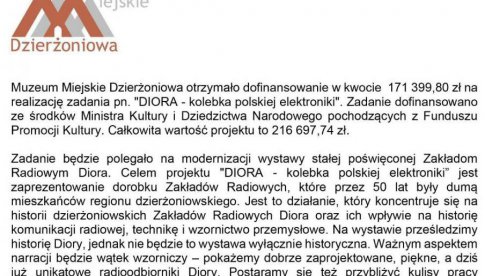 Muzeum Miejskie w Dzierżoniowie z dofinansowaniem na realizację zadania pn. DIORA - kolebka polskiej elektroniki