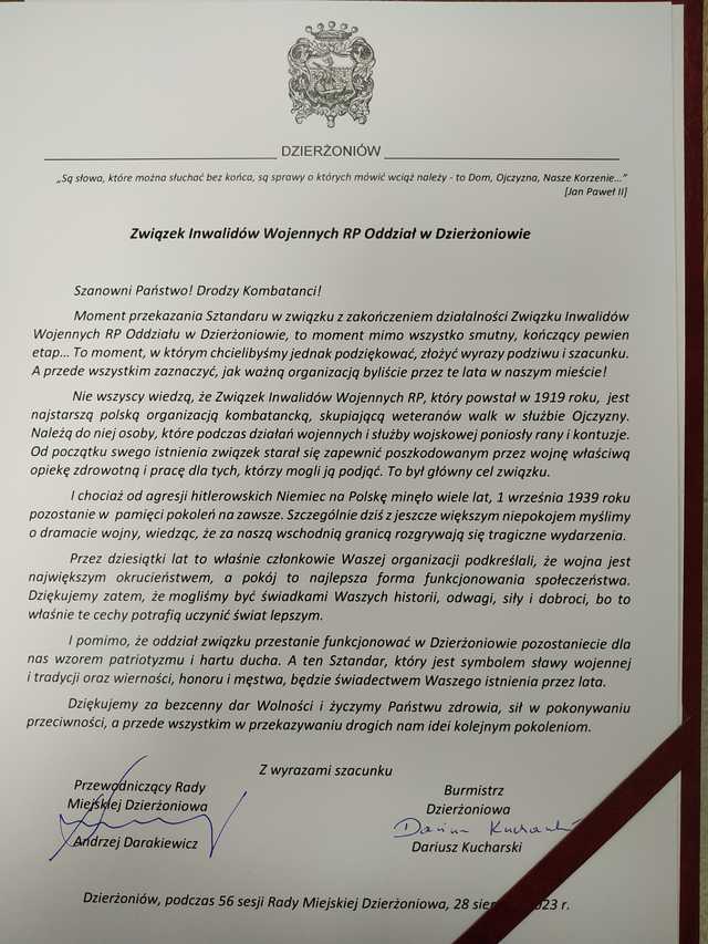 Zakończenie działalności Związku Inwalidów Wojennych w Dzierżoniowie