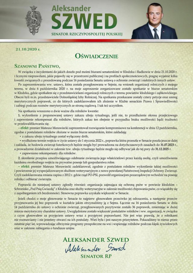 Senator Aleksander Szwed wydał oświadczenie dotyczące incydentów, do jakich doszło 21 października