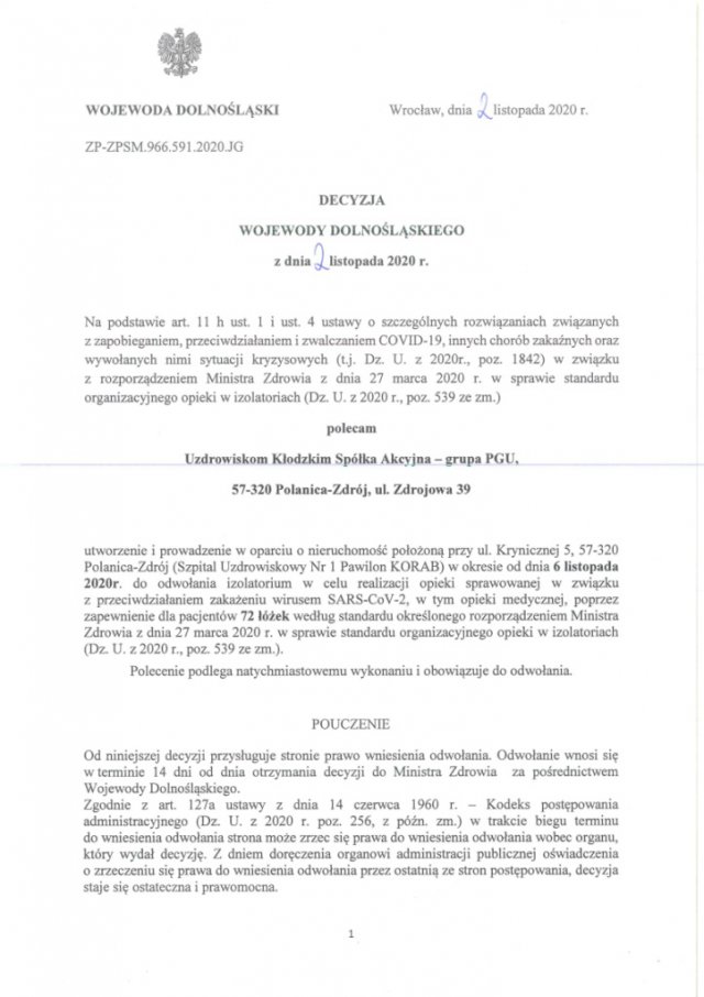 Od piątku, 6 listopada br. do odwołania przy ul. Krynicznej w Polanicy-Zdroju funkcjonować będą izolatoria.