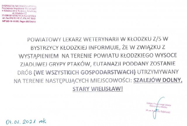 Decyzją Powiatowego Lekarza Weterynarii, w poniedziałek, 4 stycznia w Starym Wielisławiu i Szalejowie Dolnym rozpoczęto eutanazję drobiu.