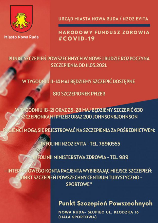 Od wtorku, 11 maja w hali sportowej przy ulicy Kłodzkiej w Nowej Rudzie-Słupcu ruszy Punkt Szczepień Powszechnych, gdzie już w pierwszym tygodniu dostępnych będzie 810 dawek Pfizera.