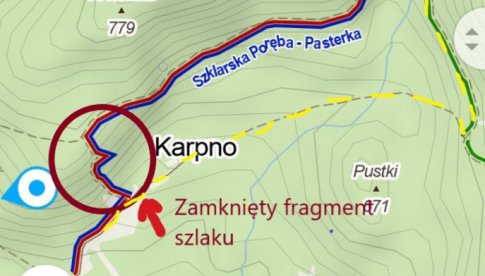 Utrudnienia w ruchu turystycznym na odcinku niebieskiego szlaku turystycznego w okolicy ruin Zamku Karpień