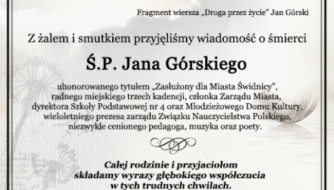 Kondolencje dla rodziny ś.p. Jana Górskiego od prezydent Świdnicy i przewodniczącego Rady Miejskiej