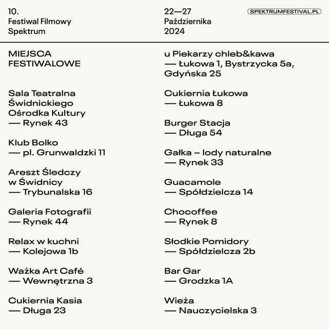 22-27.10, Świdnica: 10. Festiwal Filmowy Spektrum