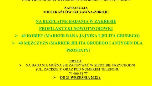 Bezpłatne badania w zakresie profilaktyki nowotworowej w Szczawnie-Zdroju