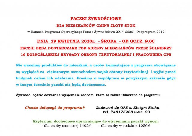 pomoc żywnościowa Złoty Stok