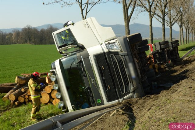 Samochód ciężarowy przewożący drzewo wypadł z drogi na ósemce
