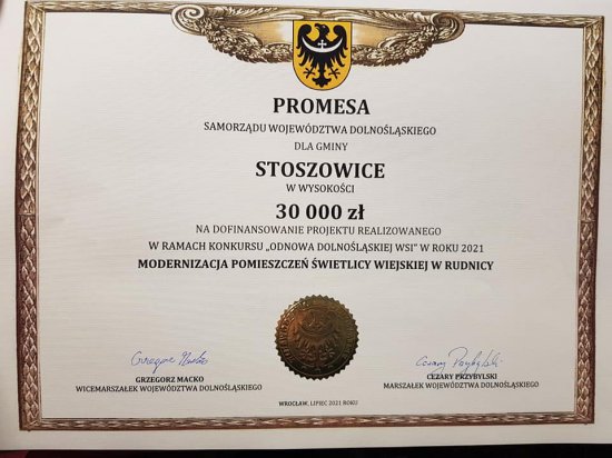 Promesy na dofinansowanie inwestycji w gminie Stoszowice