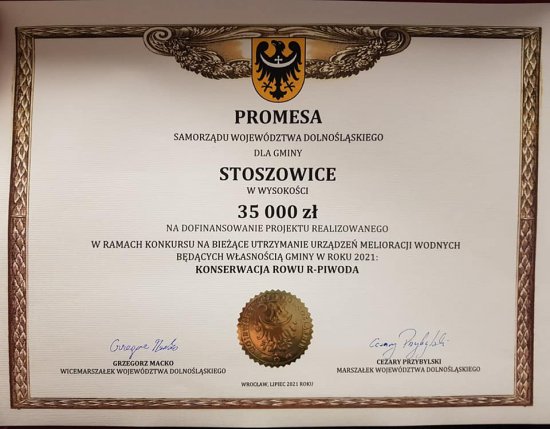 Promesy na dofinansowanie inwestycji w gminie Stoszowice