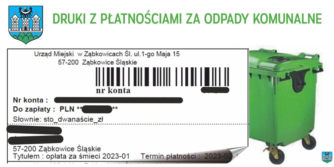 Informacja w sprawie wydruków z płatnościami za śmieci na 2023 rok w gminie Ząbkowice Śląskie