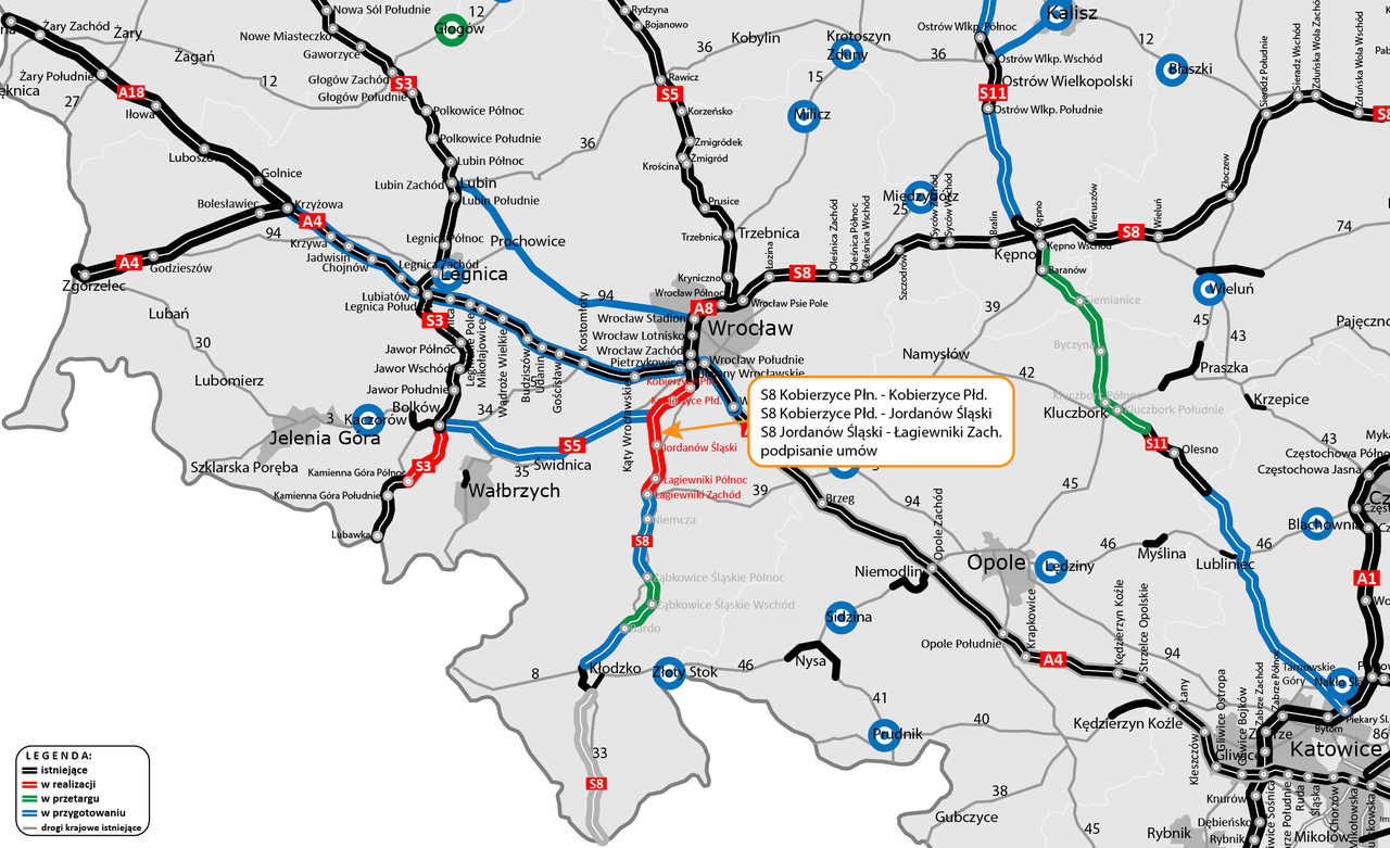 Podpisano umowy z wykonawcami na zaprojektowanie oraz budowę drogi ekspresowej S8 od Kobierzyc do Łagiewnik. Ma być gotowa za czterylata