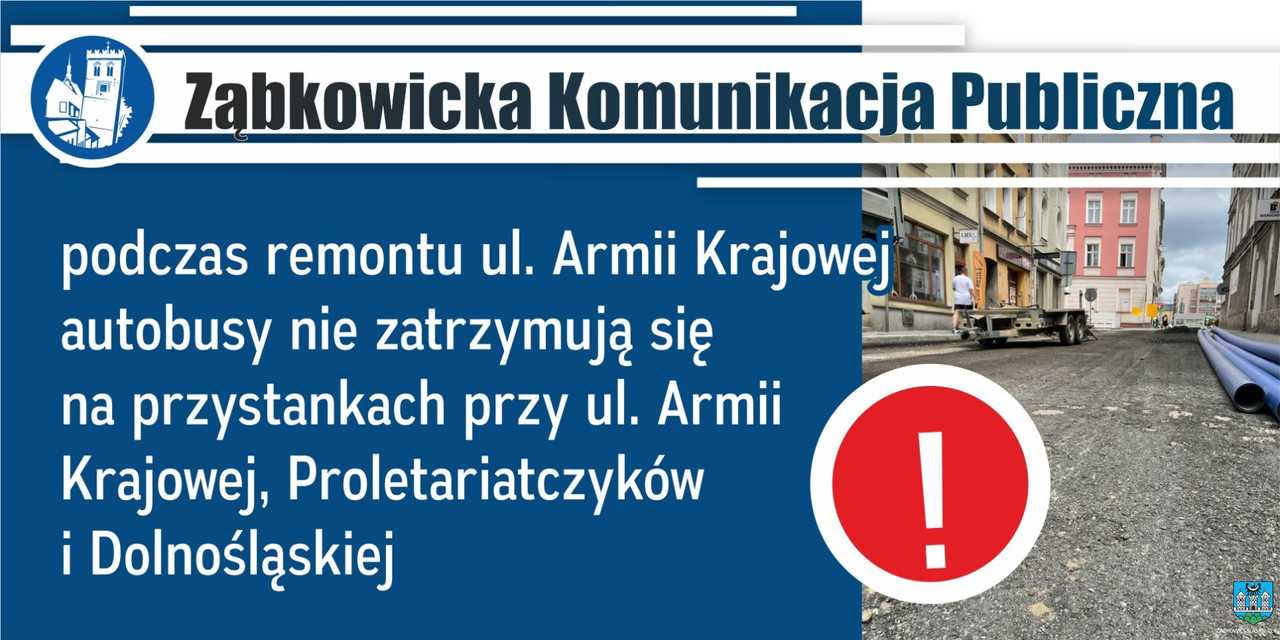 W związku z remontem ul. Armii Krajowej na czas remontu: linie A, 0, 1, 3J, 4, 5 oraz sobotni kurs linii A (na trasie Rynek I (sklep Mini Maxi) -> Armii Krajowej -> Proletariatczyków -> Ziębicka I) – nie zatrzymują się na przystanku nr 099 ul. Ar