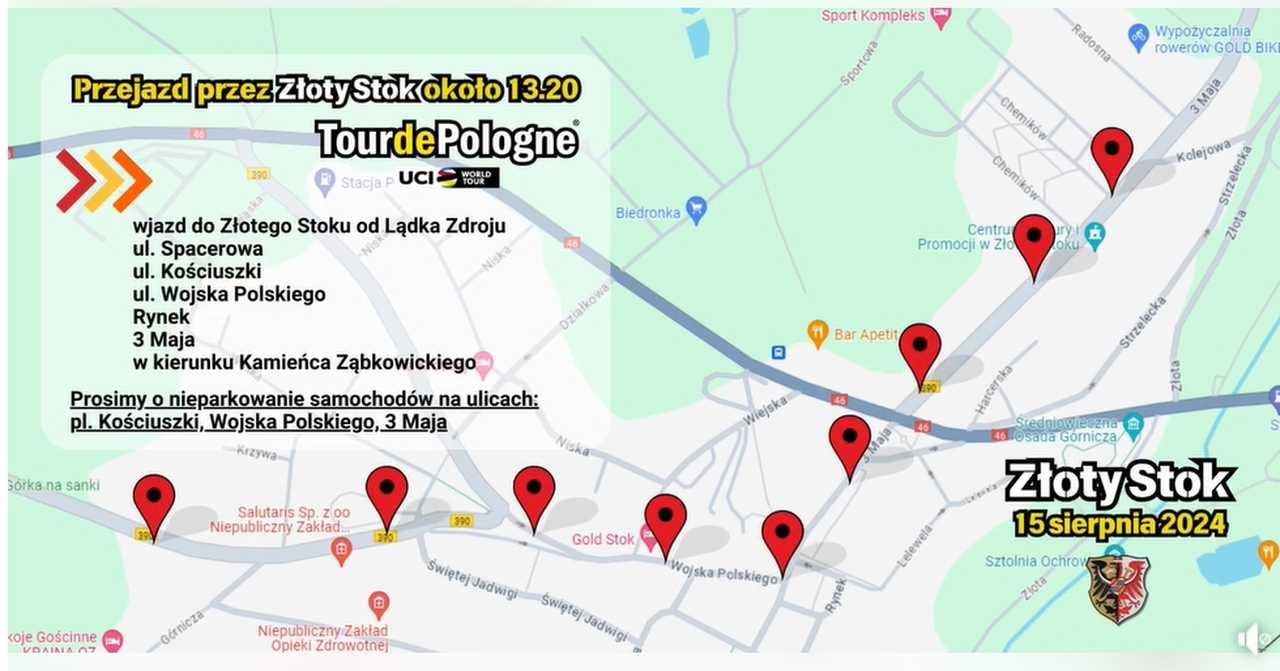 Tour de Pologne w Złotym Stoku - prośba o nieparkowanie na trasie przejazdu